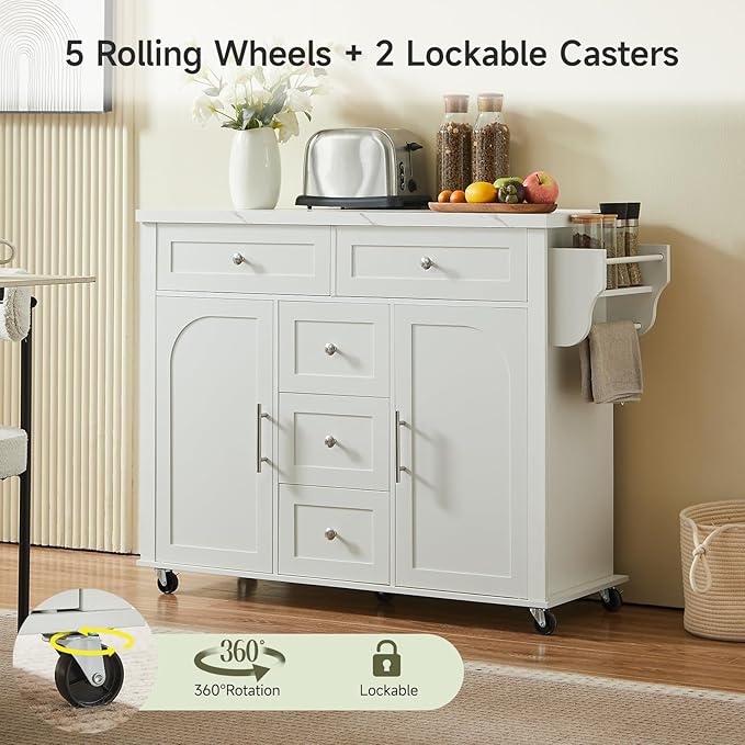 ONBRILL 47" Kitchen Island with 2 Storage Cabinets & 5 Drawers, Mobile Island Table for Kitchen with Imitation Marble Drop Leaf, Rolling Island Cart with Power Outlet & Spice Rack & Towel Rack, White