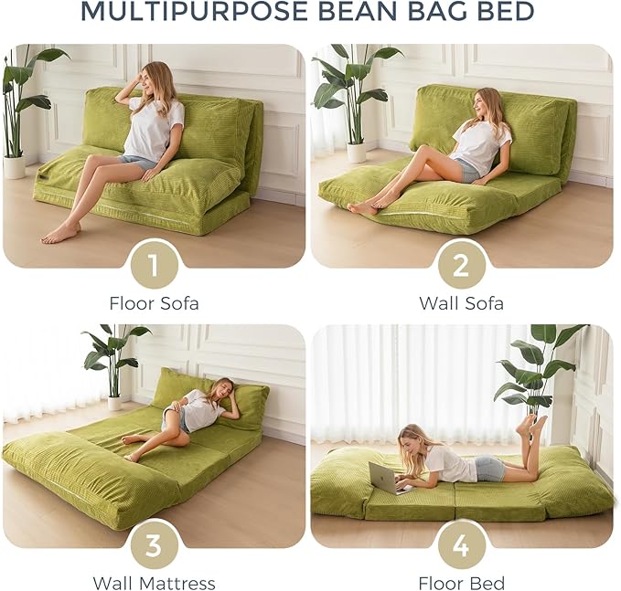 MAXYOYO Folding Sofa Bed, Extra Thick and Long Floor Sofa Convertible Sleeper Chair with Washable Cover, Floor Couch Lounge Bean Bag Bed for Living Room, Green, 54x95 Inch