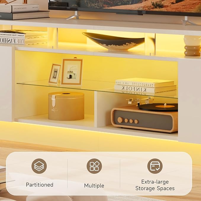 80” High-Glossy TV Stand with 2 Side Cabinets, Storage Entertainment Center, Modern Stylish TV Console with 3 Layer LED Lights&Power Outlets,Remote&APP Control for Living Room Use White