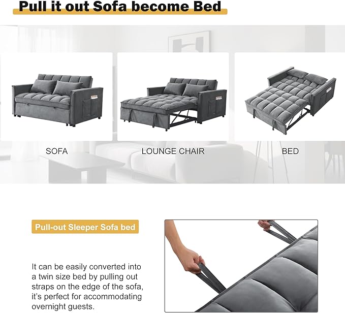 3 in 1 Convertible Sleeper Sofa Bed, Velvet Fabric Loveseat Sofa Bed with Adjustable Backrest & Large Side Pockets, Pull Out Couch for Small Spaces, Apartment, Living Room, Dark Gray