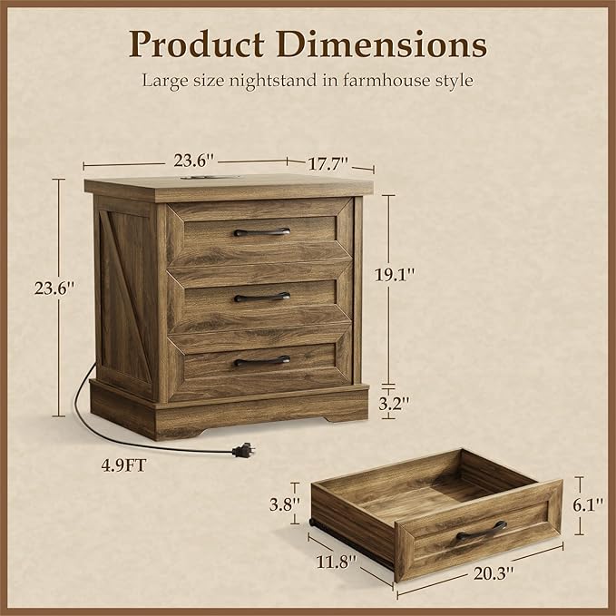 AODK 24 Inch Farmhouse Nightstand Set of 2, Bedside Tables with Charging Station, Large End Tables with 3 Drawers, Rustic Night Stands with Outlet and USB for Bedroom& Living Room, Light Walnut