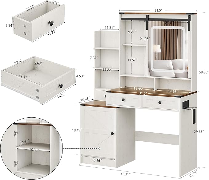 KAMABOKO Vanity Desk with Lighted and Mirror, White Makeup Table with Drawers and Charging Station, 3 Model Adjustable for Bedroom & Dressing Room (041 Brown)