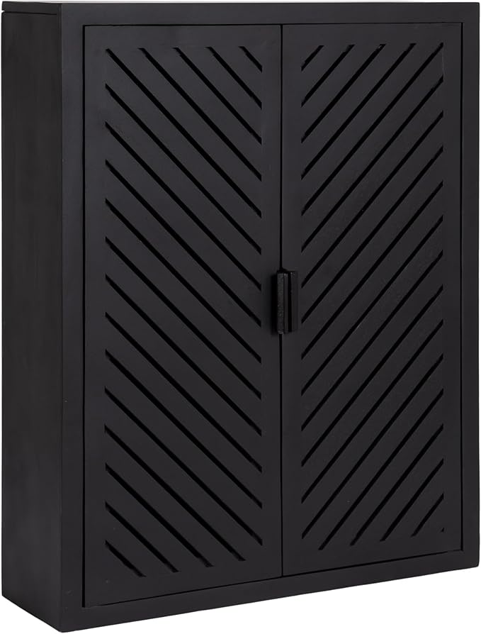Kate and Laurel Mezzeta Decorative Modern Two-Door Floating Bathroom Cabinet; 22 x 7 x 28; Black; Decorative Over Toilet Storage Cabinet Made from Solid Mango Wood with Slatted Chevron Design