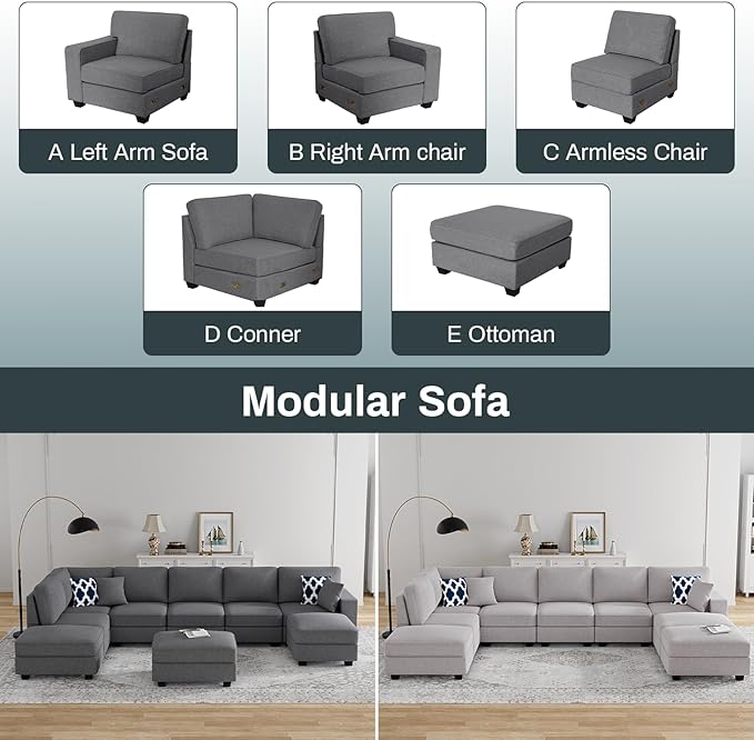 Legend Vansen Oversized Modular Sectional Sofa,U/L‑Shaped Reversible Couch with Ottoman,Deep Seat Plush Polyester Sofa for Living Room,9‑Seater,Dark Grey