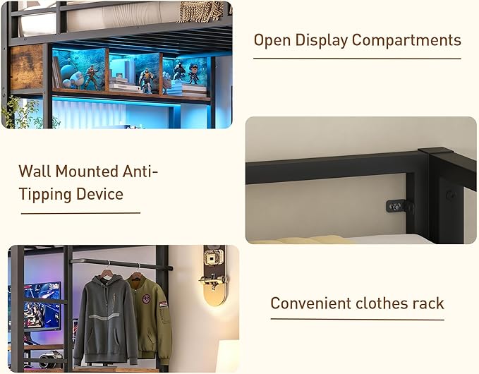 RALGEND Twin Loft Bed with L-Shaped Gaming Desk and Charging Station, Metal Loft Bed Frame with RGB Lights, Storage Drawers and Hanging Rod, Loft Bed for Teen/Adult, Rustic Brown
