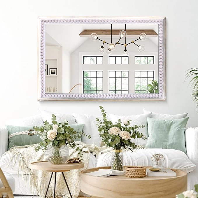 35x23 Inch Rustic Farmhouse Rectangle Mirror for Bathroom Over Sink, Wooden Boho Decorative Mirrors for Wall, Entryway, Living Room, Bedroom (Vertical/Horizontal)