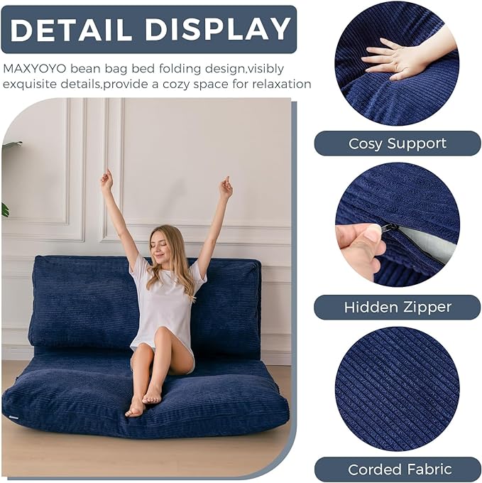 MAXYOYO Folding Sofa Bed, Extra Thick and Long Floor Sofa Convertible Sleeper Chair with Washable Cover, Floor Couch Lounge Bean Bag Bed for Living Room, Navy, 39x95 Inch