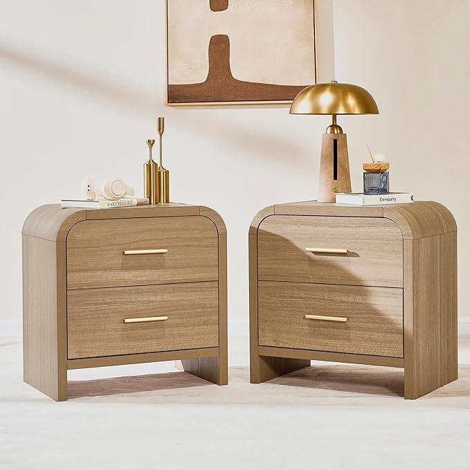Night Stand Set of 2 [Unique Curved Profile] [FSC-Certified Wooden Board] 2-Drawer Nightstand 24" H Metal Handle Modern Sturdy Bedside Table Side Table End Table