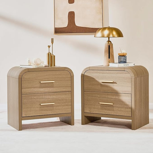 Night Stand Set of 2 [Unique Curved Profile] [FSC-Certified Wooden Board] 2-Drawer Nightstand 24" H Metal Handle Modern Sturdy Bedside Table Side Table End Table