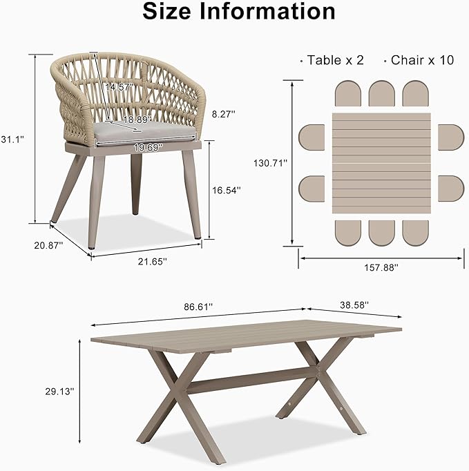 PURPLE LEAF 12 Pieces Outdoor Dining Sets All-Weather PE Rattan Outdoor Patio Furniture Set with All Aluminum Frame Outdoor Table and Chairs Set for Lawn Garden Backyard Deck, Champagne