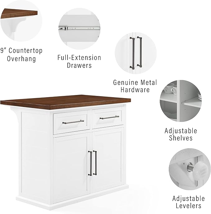 Crosley Furniture Bartlett Kitchen Island with Wood Top and Upholstered Square Stools, White/Black