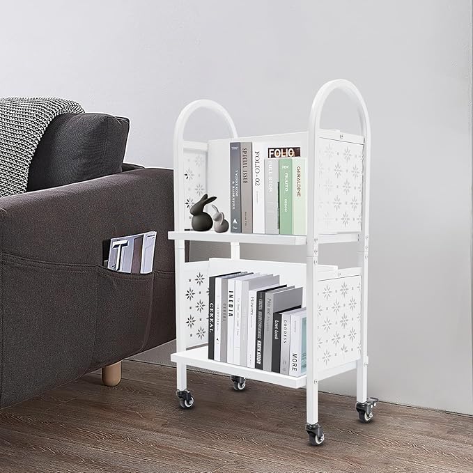 2-Tier Book Cart Rolling Office Floor Standing Book Storage Rack with Wheels Bookshelf Organizer Open Shelf Assistant Organizing Transporting Displaying Libraries Classrooms Homes Office School
