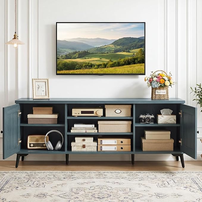 Giantex 2-Door TV Stand for TVs up to 65", Mid Century Modern Entertainment Center with 2 Storage Cabinets & 4 Adjustable Shelves, 6 Metal Legs, Media TV Console Table for Living Room (Teal Blue)