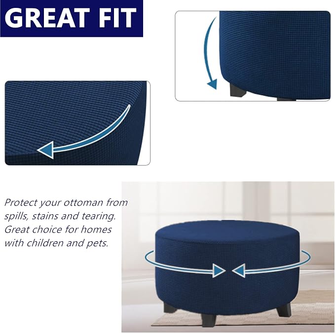Stretch Ottoman Slipcover – Round Furniture Protector Fits 30"-41" Dia, for Footrests, Storage Ottomans & Folding Stools – Elastic Fabric Cover (Navy, X-Large)