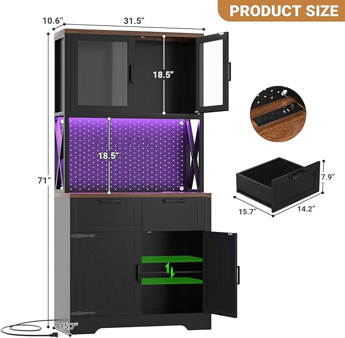 Unikito 71" Pantry Cabinet with LED Light & Outlet, Tall Kitchen Pantry Storage Cabinet with Microwave Stand, DIY Pegboard, Drawer and Adjustable shelf, Kitchen Hutch for Dining Room, Black and Rustic