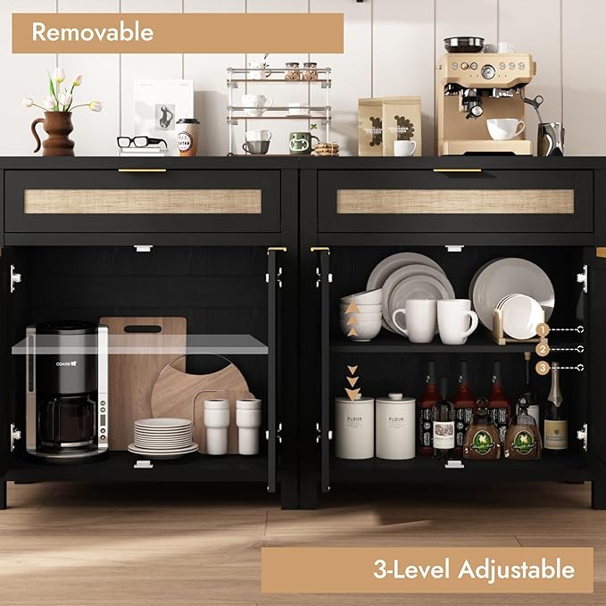 HOKYHOKY Rattan Sideboard Buffet Cabinet, Boho Storage Cabinet with Adjustable Shelf, Farmhouse Credenza Coffee Bar Cabinets with Doors & Drawer for Living Room, Hallway & Kitchen, Black