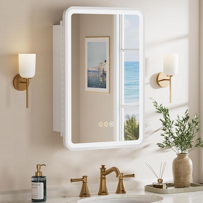 16x24 Inch Medicine Cabinet with Lights,Wall or Recessed Mounted LED Bathroom Mirror Cabinet, Defogger, Storage Shelf, 3 Color Dimmable Light with Memory Function, Left Hinge,White