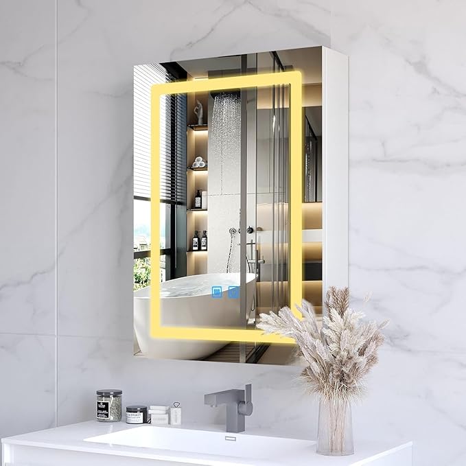 20" x 28" Bathroom Medicine Cabinet with Mirror,Medicine Cabinets with Large Storage,Single Door LED Bathroom Wall Cabinet with Shelves,Dimmer and Anti-Fog