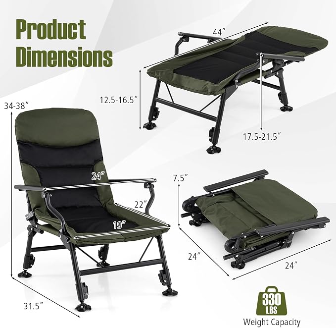 GYMAX Foldable Fishing Chair, Heavy Duty All-Terrain Camping Chair, 180° Adjustable Padded High-Back, Portable Recliner for Outdoor Patio Beach (No Footrest)