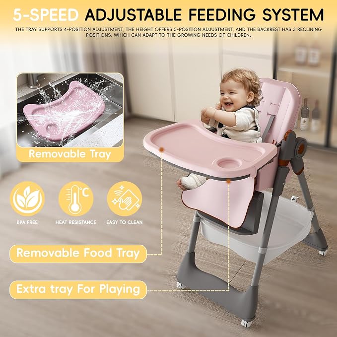 Foldable Baby High Chair with 150° Swing & Recline,Convertible High Chairs for Babies and Toddlers,5 Height Levels,3 Backrest & Footrest Positions,Removable Double Tray,Lockable Wheels (Pink)