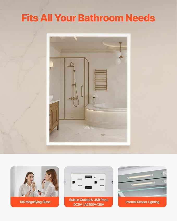 VEVOR Lighted Medicine Cabinet with Mirror, 24 x 32 in Recessed or Wall Mount, 3 Color Dimmable LED Bathroom Medicine Cabinet with Magnifying Mirror, Adjustable Shelve Storage, Memory Defog Function