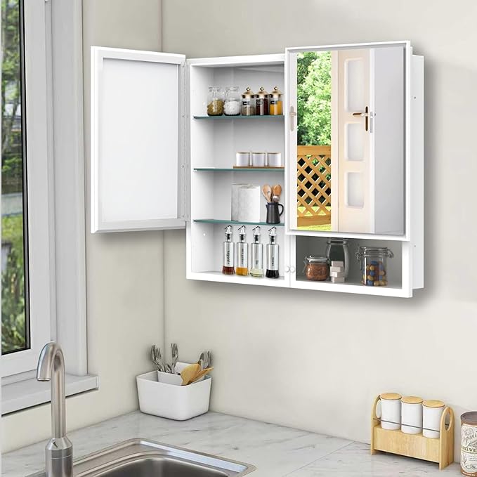 32x26 Inch Bathroom Medicine Cabinet with Mirror, Double Door Wall Mounted Storage with Extra Drawers, Bevel Edge Mirror, Adjustable Shelves, for Recessed or Surface Mount Installation