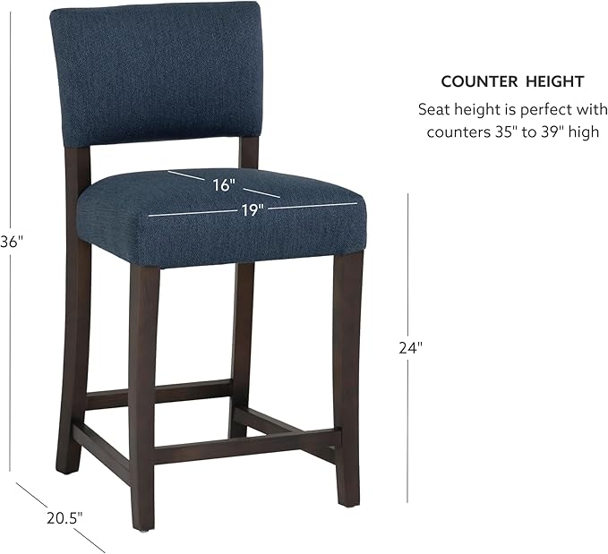 Linon Brasko Dark Espresso Wood with Dark Blue Upholstery 24" Seat Height Counter Stool in a Set of 2