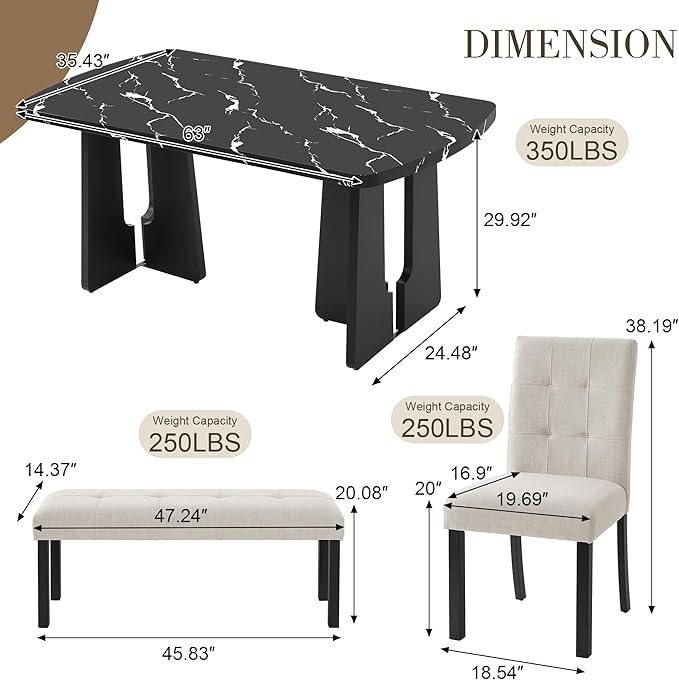 Merax 6-Piece Dining Table Set for 6, Modern Faux Marble Oval Kitchen Tabletop with Four Upholstered Chairs and One Bench for Dining, Living Room, Kitchen, Easy Assembly, Black+ Beige