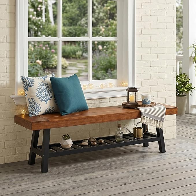 VINGLI 63in Storage Bench, Solid Wood Seat with Iron Storage Shelf, Weather Resistant High Capacity Indoor Outdoor Dining Benches, Sturdy Shoe Rack Bench for Entryway Mudroom Porch