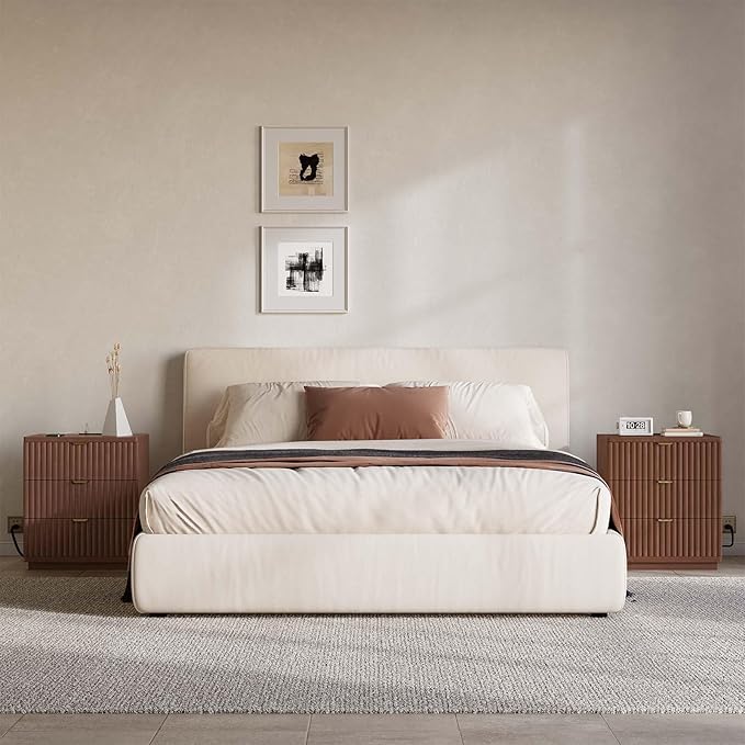 Nightstand with Charging Station, Wood Night Stand with 3 Drawers Storage Bedside Table Large Fluted Bed Side End Table, Modern Nightstand for Bedroom Living Room (Walmut)