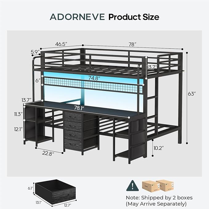 ADORNEVE Bunk Bed Twin Over Twin with 2 Person Desk, LED Lights Twin Bunk Bed with 4 Drawers,Storage Rack, 4 Shelves and Power Outles,Metal Twin Bunk Beds with Guardrail for Kids/Teens Bedroom, Black