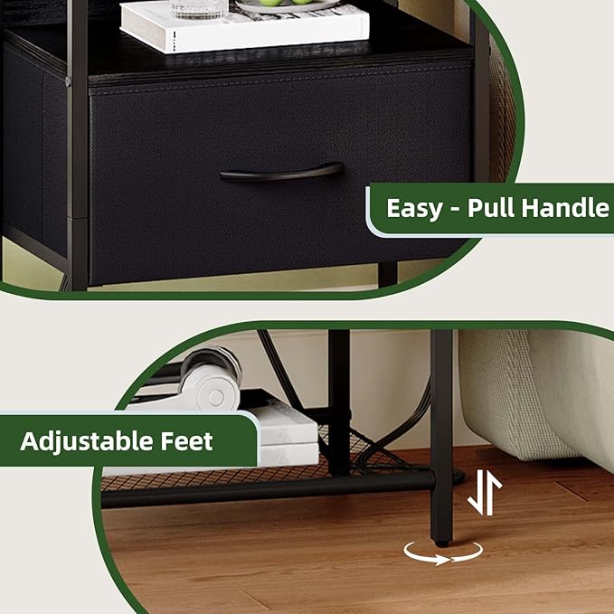 Somdot Nightstand with Charging Station and LED Light for Bedroom, Bedside Table End Table for Dorm Guest Room Bedside Kids Laundry Closet Entryway Hallway, Black