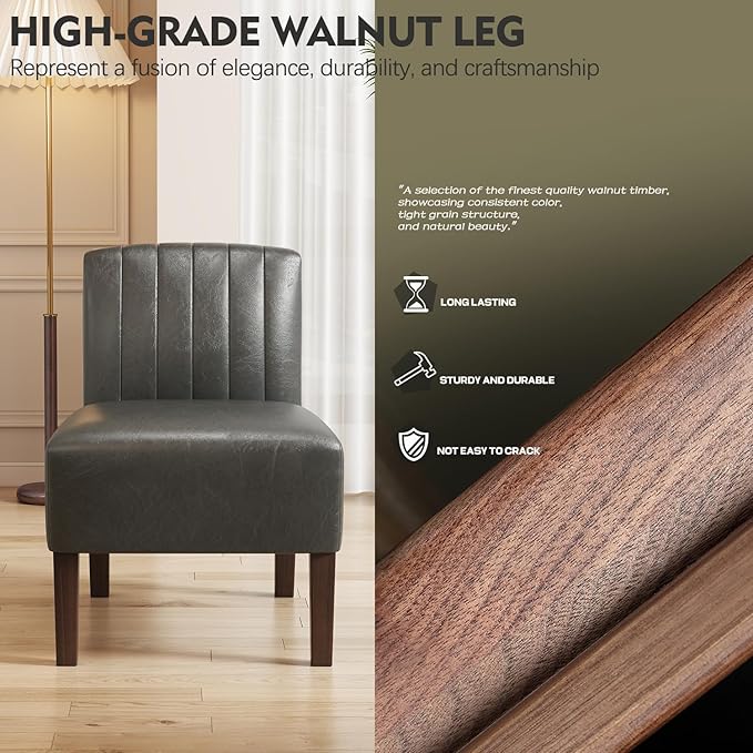 VIRRMO Armless Accent Chairs Set of 2 Upholstered Dining Chairs Living Room Chairs with Solid Wood Legs Bedroom Chair Leather Reading Chair Comfy Chair for Bedroom Vanity Kitchen (Grey)