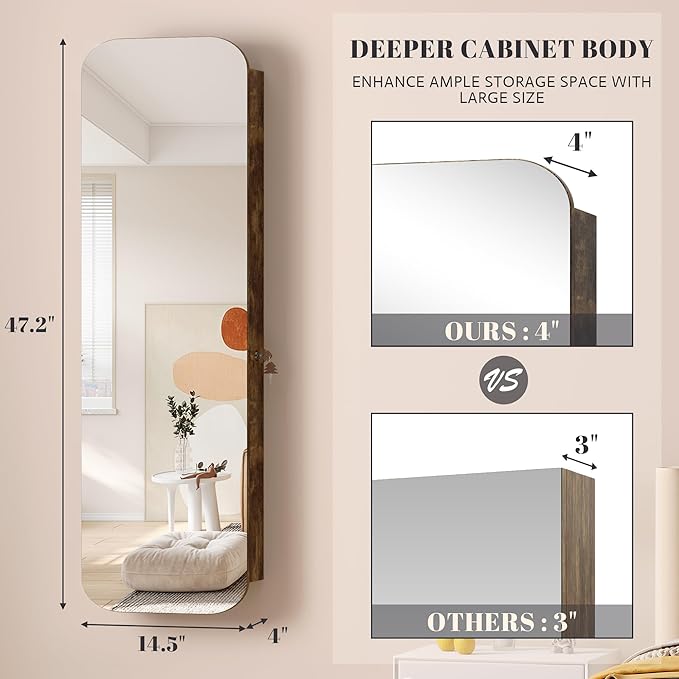 Vlsrka 6 LEDs Mirror Jewelry Cabinet Door Hanging, 47.2" Wall Mounted Jewelry Cabinet, Lockable Full Length Mirror with Storage, Rounded Corner Mirror Jewelry Organizer, 2 Drawers, Rustic Brown