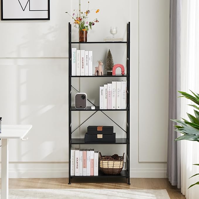 DUMOS 5 Tiers Open Bookshelf, Classic Freestanding Tall Display Shelf, Multifunctional Storage Organizer Rack for Living Room Home Office, Sturdy Bookcase for CDs/Books/Movies, Modern Black