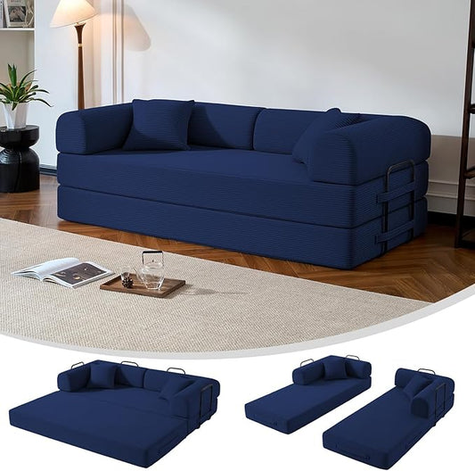 79" Compressed Sofa, Convertible Sofa Bed, Corduroy Compression Boneless Couch with Pillow, Comfy Modular Foldable Floor Sleeper Sofa for Bedroom, Living Room, Lounge, Studio (Dark Blue)