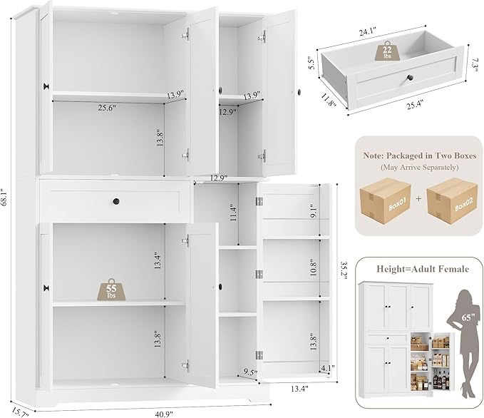 HOSTACK 68" Tall Kitchen Pantry Storage Cabinet, Modern Kitchen Hutch Cabinet with Doors and Shelves, Freestanding Food Pantry with Large Storage Drawer for Dining Room, Living Room, White