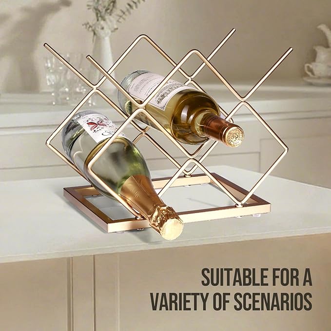 Countertop Wine Rack - 5 Bottle Freestanding Modern Gold Metal Small Wine Rack - Tabletop Wine Holder Stand for Cabinet, Pantry, Wine Bottle Storage… (Large Size-Gold 5btl)