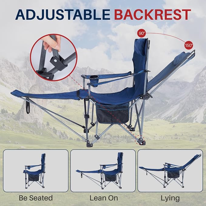 Folding Reclining Camping Chairs Footrest: 3 in 1 Portable Beach Lounge Chair Tanning Chairs with Backpack Lay Flat Lawn Chair Camping Furniture Camp Fishing Outdoor Carry Bag (Cloth Back, Navy Blue)
