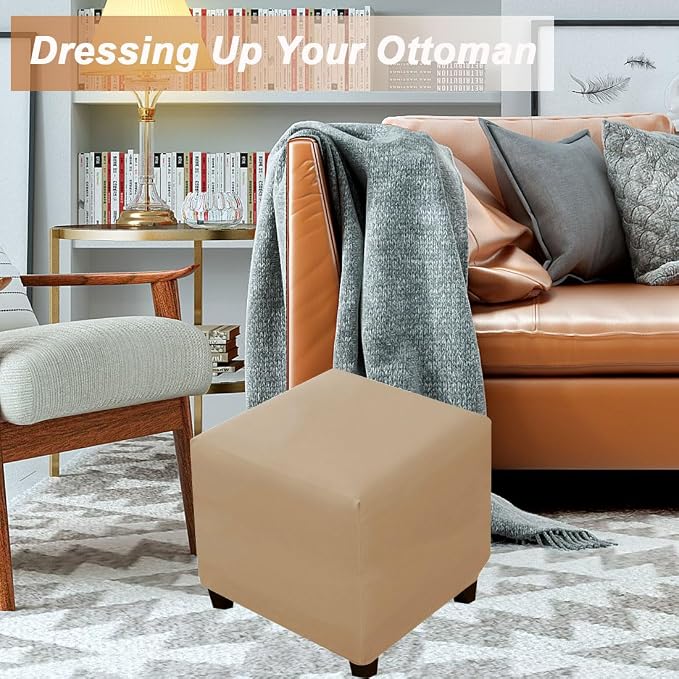 Waterproof Ottoman Cover Square Stretch PU Soft Folding Storage Ottoman Cover with Elastic Bottom Cube Footrest Foot Stool Slipcovers Machine Washable(Small/Light Coffee)
