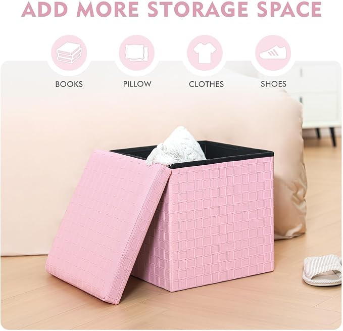 B FSOBEIIALEO Storage Ottoman, Faux Leather Footrest Seat, Ottoman with Storage Cube, Storage Box 15"x15"x15" (Pink, Medium)