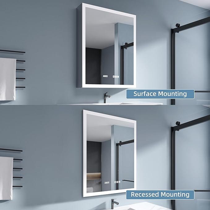 Edge LED Medicine Cabinet Mirror, 24x30 Inch Bathroom Storage, Recessed/Wall Mount, Plug-in/Hardwired, 3 Color Dimmable Light, Anti-Fog, Time Temp Display, Left Hinge