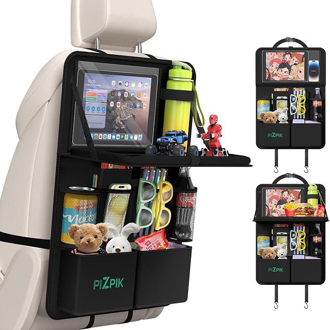 Plzpik Car Backseat Organizer with Tablet Holder,11 Storage Pockets with Foldable Food Tray, Protector Kick Mats for Kids, Travel Accessories Organizer (Black, 1Pack)