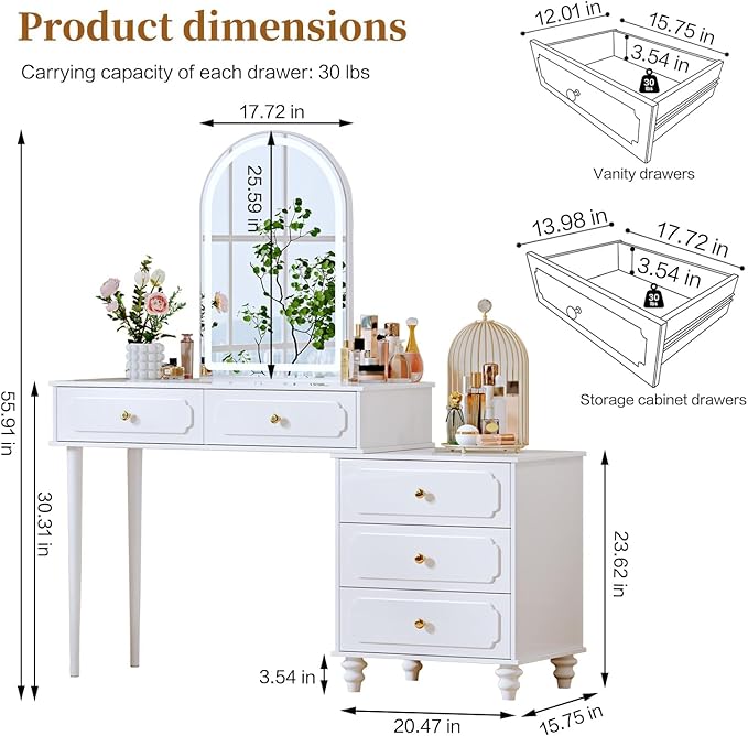 Ieejdn White,Vanity Desk with Mirror and Lights,Makeup Vanity with Power Outlet and Adjustable Cabinet,Modern Makeup Table with 3 Drawers for Bedroom Makeup Room