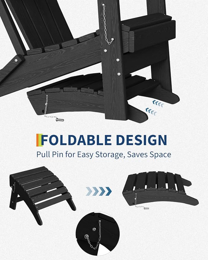 Garvee Folding Adirondack Ottoman Set of 2, HDPE Outdoor Footrest for Adirondack Chair, All-Weather Resistant for Deck Backyard Patio Outside Poolside Porch Lawn - Black