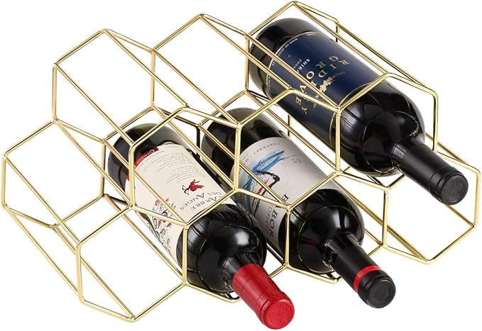 Buruis 9-Bottle Countertop Wine Rack, Honeycomb Metal Wine Holder for Red & White Wines, Standing Bottle Organizer for Home, Kitchen, or Bar, Gold