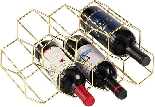 Buruis 9-Bottle Countertop Wine Rack, Honeycomb Metal Wine Holder for Red & White Wines, Standing Bottle Organizer for Home, Kitchen, or Bar, Gold