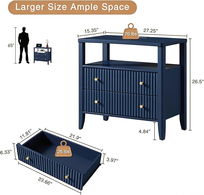 Fluted Nightstand with Charging Station, 27.3" Tall Modern Bedside Table with 2 Drawers & Open Shelf, Large Wide Wood End Table with Storage & Metal Handle for Bedroom, Blue