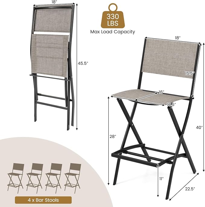COSTWAY Outdoor Patio Bar Chair Set of 4, Folding Counter Height Stool with Metal Frame & Footrest, Patio Bar Stool for Balcony, Garden & Poolside (4, Coffee)