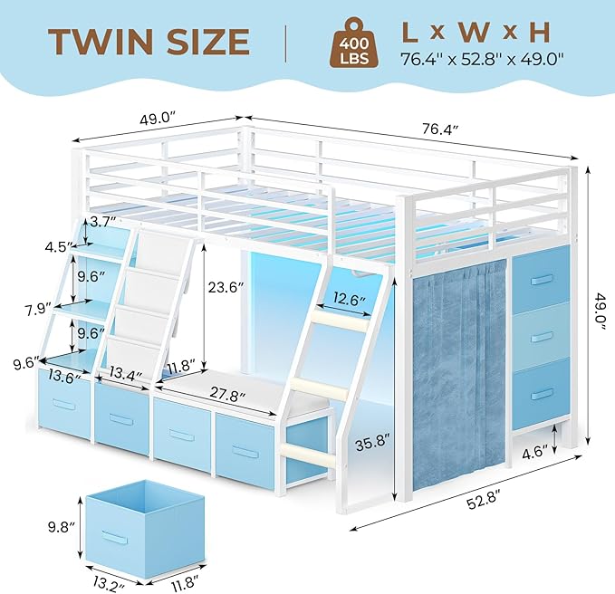 MSmask Low Loft Bed with 7 Storage Drawers & Reading Nook, Kids Twin Loft Bed with Bookshelf, LED Lights & Safety Guardrail, Loft Bed Twin Size with 35.8''H Play Space, Inclined Ladder, White & Blue